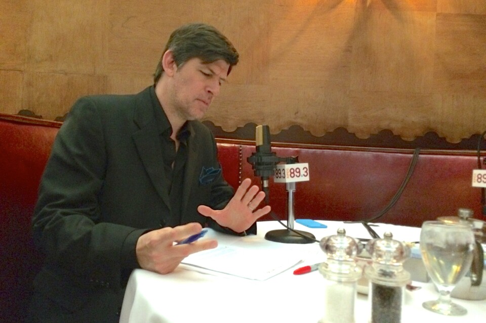 Host John Rabe preparing for a day of radio at Musso & Frank