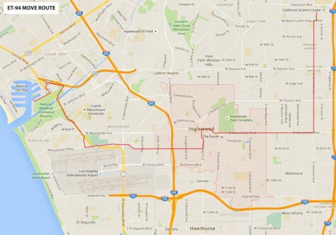 The shuttle will take 13-18 to make its way from Marina del Rey to the California Science Center. 

