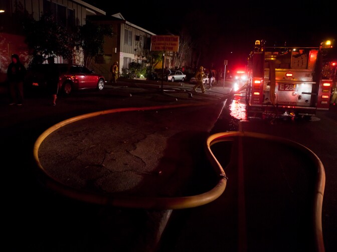 Residents poured out of the apartment complex on Magnolia Boulevard in Sherman Oaks as firefighters flocked to the scene early Monday morning.