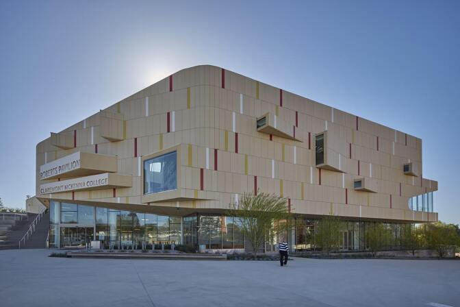 The exterior of the Roberts Pavilion at Claremont McKenna College, which officially opens in a few months.
