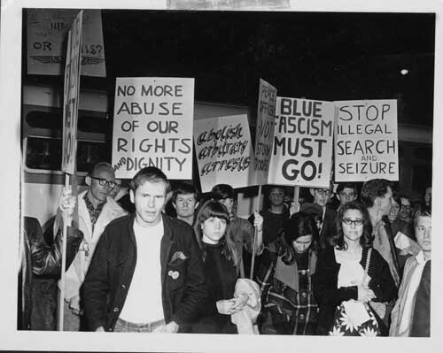 Hundreds of people took to the streets in February 1967. They were angry at the LAPD action against LGBT people at places like the Black Cat Tavern in Silver Lake.