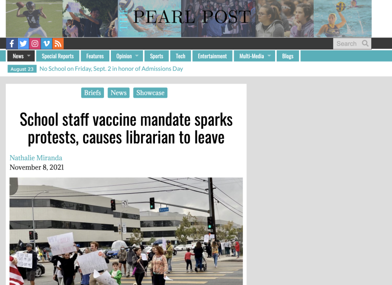 Screenshot of the Pearl Post, a high school student newspaper. It shows people protesting at a street in Los Angeles.