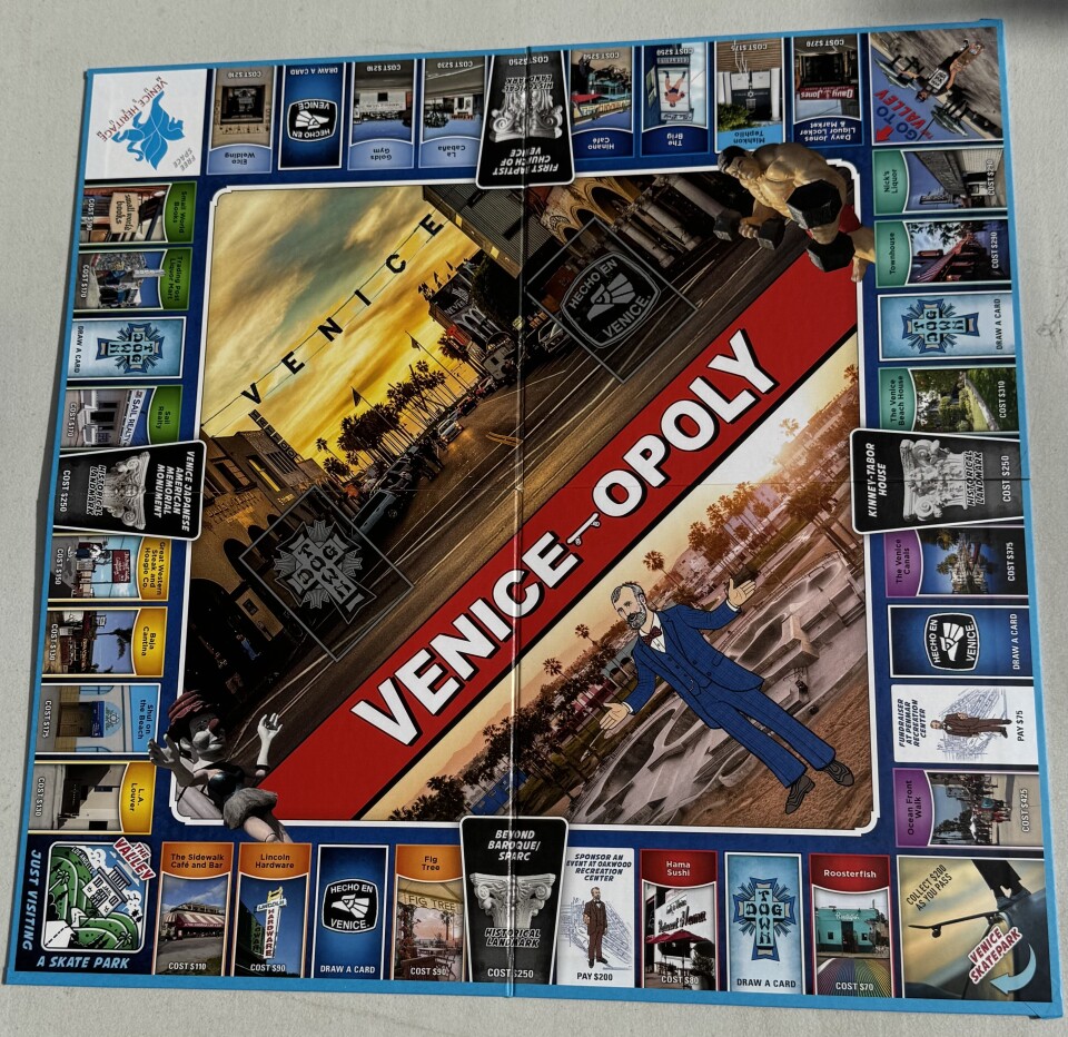 A square board of a board game with many different locations on it.