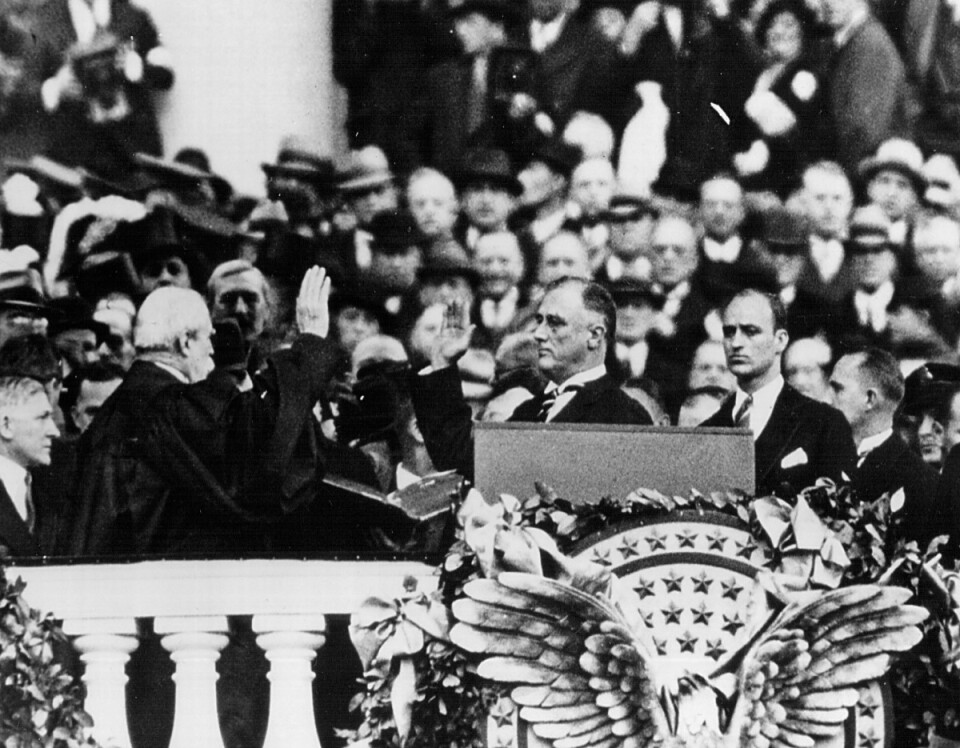 Franklin D. Roosevelt takes the Oath of Office as President of the United States in 1933 in Washington, D.C.