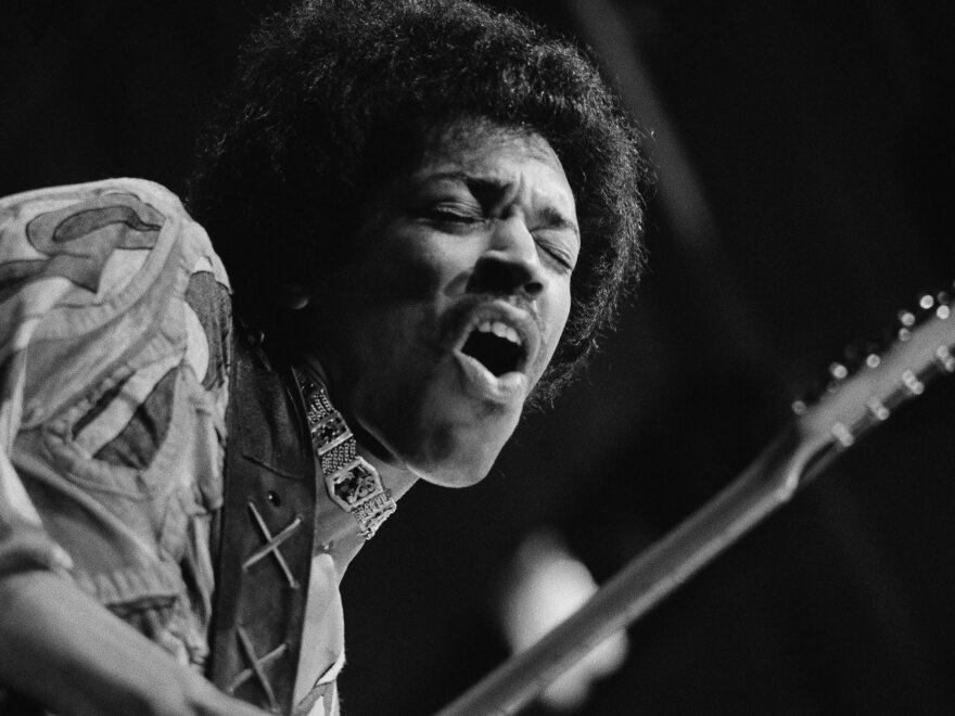 Rock guitarist Jimi Hendrix during a performance at the Isle of Wight Festival in August 1970.