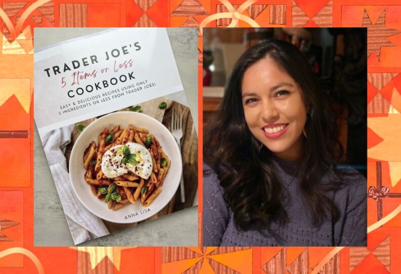An image that includes side-by-side photographs: On the left, is a cookbook entitled "Trader Joe's 5 Items or Less." On the right is a photo of the author, who has long dark hair and is seen sitting in a kitchen, and smiling at the camera. The photos are set against a decorative orange-and-gold background, accented with stars, holiday gift boxes and strands of ribbon.