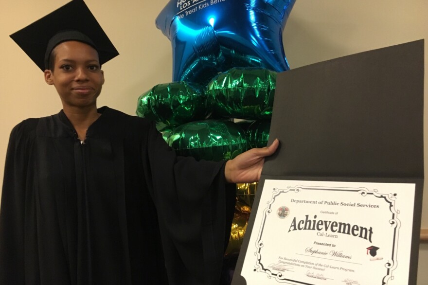 Stephanie Williams, 20, celebrating the completion of her high school diploma in June 2016 through Project NATEEN's independent study program for young parents. The program is run through Children's Hospital Los Angeles.