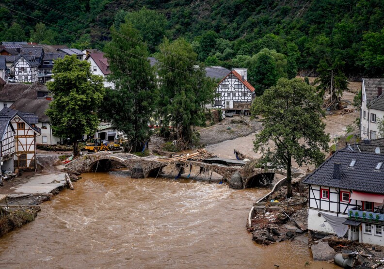 A destroyed bridge leads over the Ahr river in Schuld, Germany, in a photo taken on Thursday after the Ahr river dramatically breached its banks amid heavy rainfall.