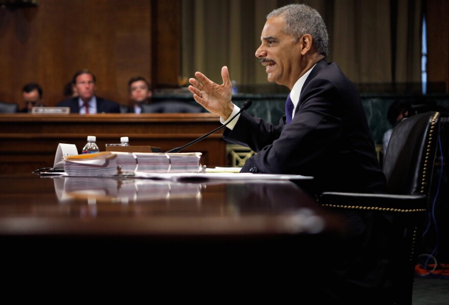 WASHINGTON, DC - JUNE 12:  U.S. Attorney General Eric Holder answers questions while testifying before the Senate Judiciary Committee on Capitol Hill June 12, 2012 in Washington, DC. Holder faced questions from senators about the ongoing Operation Fast and Furious investigation, his decision to ordered two federal prosecutors to begin criminal investigations into a series of national security leaks to the news media and other subjects.  (Photo by Chip Somodevilla/Getty Images)