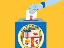 Graphic of a person's hand placing a ballot in a  ballot box that has the City of Los Angeles seal.
