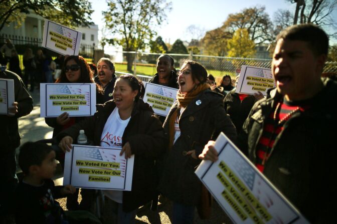 WASHINGTON, DC - NOVEMBER 08:  Latinos and immigrants participate in a rally on immigration reform in front of the White House on November 8, 2012 in Washington, DC. Immigrant rights organizations called on President Barack Obama to fulfill his promise of passing comprehensive immigration reform.  (Photo by Mark Wilson/Getty Images)