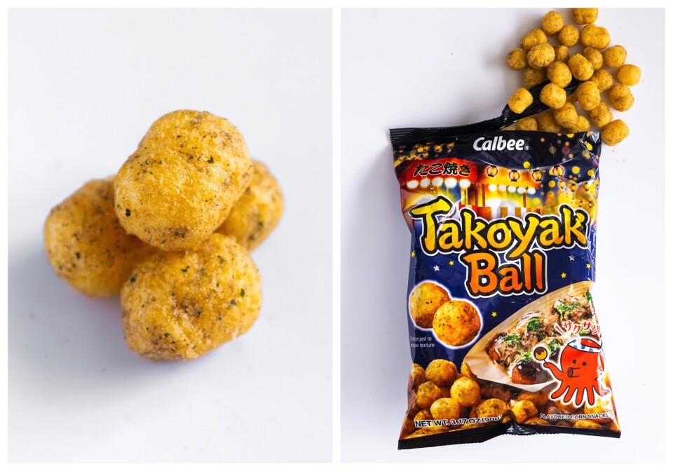 A split screen: on the left is a small pile of puffed snack chips that are yellow and speckled with black and green seasoning. On the right is a bag that's colored blue like the night sky. The words Takoyaki Ball appear in English with an image of the puffed chips underneath them.