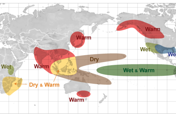 A map of earth where the impacts of El Niño are detailed on different continents.