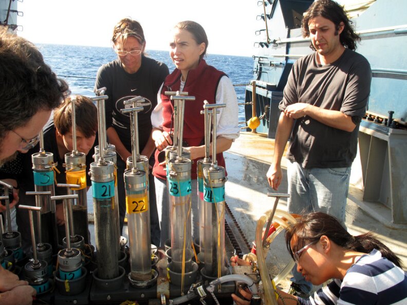 Joye (center in red) and other researchers examine core samples brought up from the seafloor. The team uses the cores to study the oily sediment that coats the bottom of the ocean.