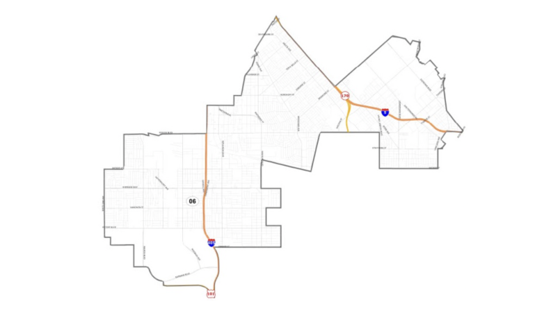 Map shows boundaries of District 6, which has the 405, 5 and 170 running across it. Neighborhoods include all or part of Arleta, Van Nuys, Sun Valley, North Hollywood, Lake Balboa, North Hills and Panorama City.