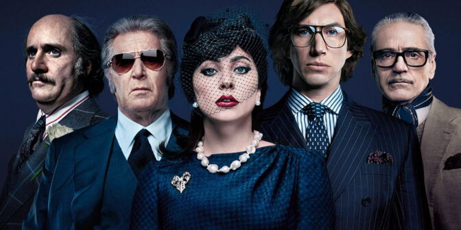 A photo of five members of the cast of the movie "House of Gucci" in formal dress.