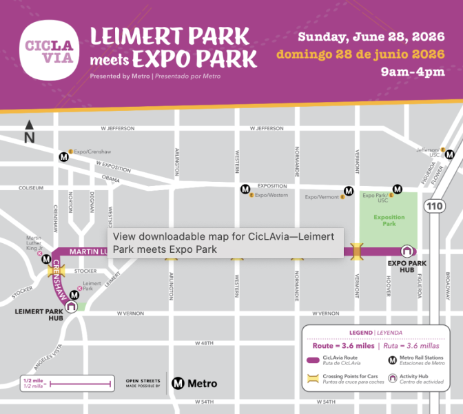 A map highlights Martin Luther King Jr Boulevard from Crenshaw in the West to Exposition Park on the East.