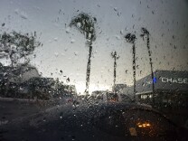 The view through a car window of a rainy LA; there are water drops on the glass, four windblown palm trees are silhouetted against a grey sky, and the Chase sign on a bank building glows white and blue in the eerie light. 