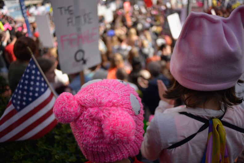 LOS ANGELES, CA - JANUARY 21:  Participants seen during the Women's March on January 21, 2017 in Los Angeles, California. Tens of thousands of people took to the streets of Downtown Los Angeles for the Women's March in protest after the inauguration of President Donald Trump. Women's Marches are being held in cities around the world. (Photo by Chelsea Guglielmino/Getty Images)
