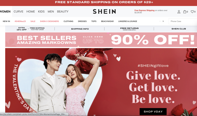 A screenshot of Shein's homepage advertising promotions and sales.