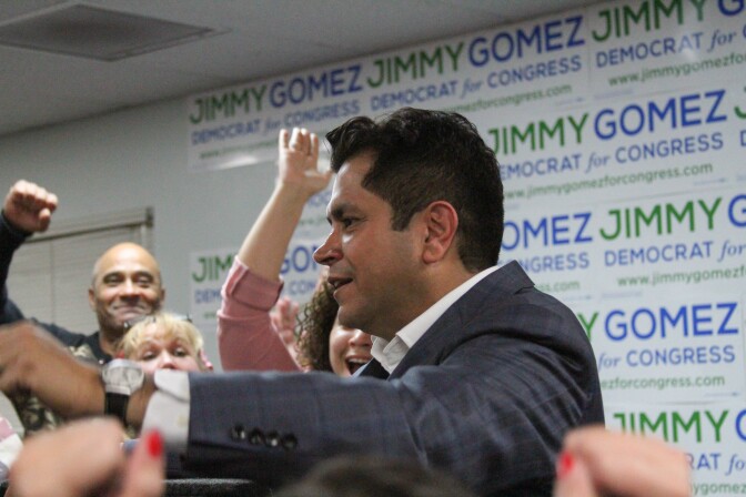 Candidate Jimmy Gomez (D) announcing the result of the election at his campaign headquarters  on June 6, 2017, in Los Angeles, California.