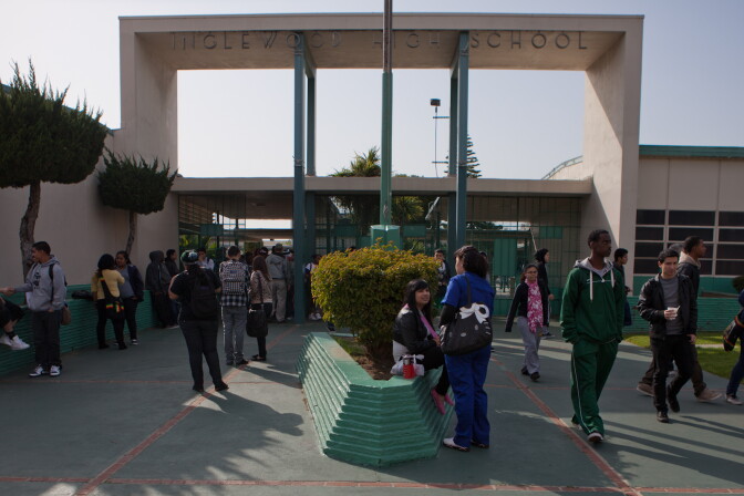 Students exit Inglewood High School as the bell rings on February 28, 2012.