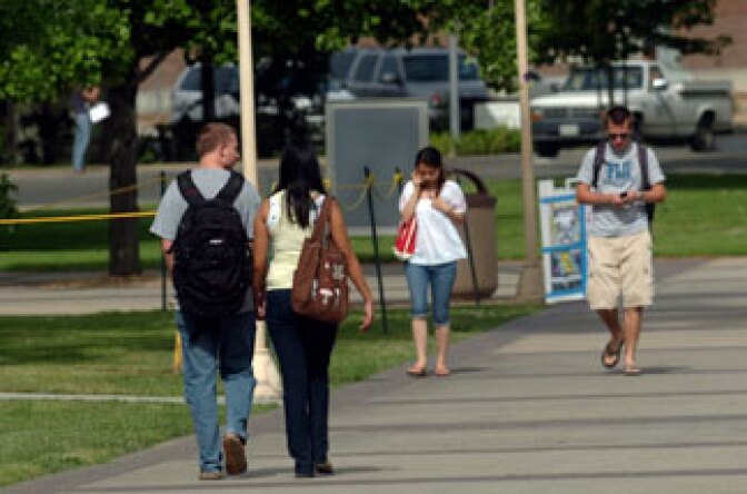 Students near the Bourns College of Engineering building at the University of California, Riverside
