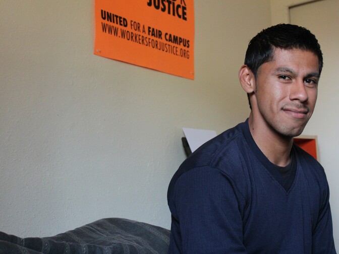Twenty-five year-old Christian Torres worked at Pomona College for seven years before he was fired. He's been actively trying to form a union of dining hall workers since 2010.