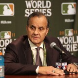 ARLINGTON, TX - OCTOBER 23:  MLB vice president of baseball operations Joe Torre addresses the media to discuss a missed call in Game Three by first base umpire Ron Kulpa prior to Game Four of the MLB World Series between the St. Louis Cardinals and the Texas Rangers at Rangers Ballpark in Arlington on October 23, 2011 in Arlington, Texas.  (Photo by Doug Pensinger/Getty Images)