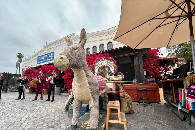 A wide shot of a large stuffed brown and tan donkey that stands outside on a platform with wheels. There are mariachis in the background and colorful plants.