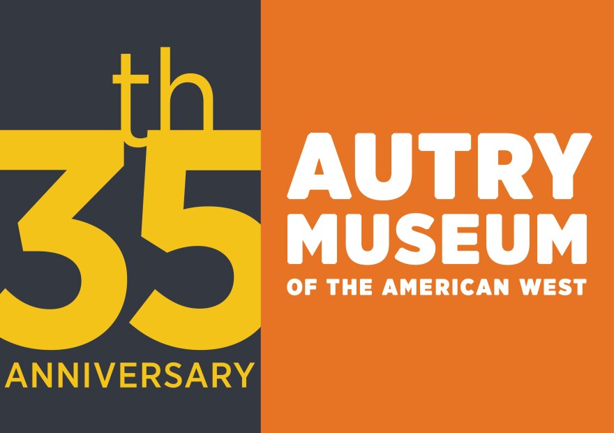 Dark gray background with yellow text reads "35th anniversary". On the right hand side there is an orange background that reads "Autry Museum of the American West". This is the museum logo for the year 2023.