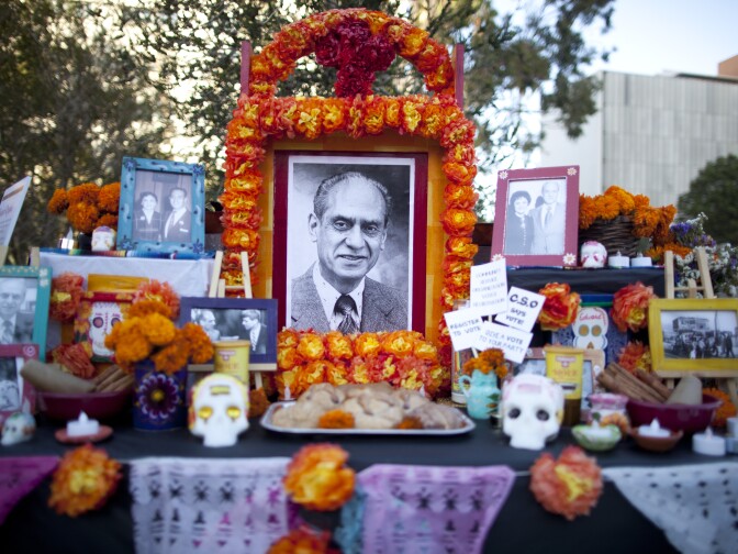 This Día de Los Muertos altar in Grand Park honors Edward Roybal, the late Congressman and city council member who worked to improve life in Boyle Heights.