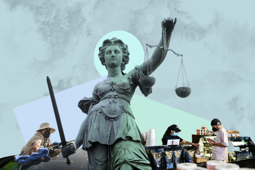 A composite image shows a worker washing a car and another worker helping a customer at a counter with a statue depicting justice with a sword and scales.