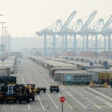 LOS ANGELES, CA - DECEMBER 04:  The Maersk cargo container terminal is idle at Los Angeles harbor as an eight-day strike by International Longshore and Warehouse Unions continues at busiest seaport in the nation on December 4, 2012 in Los Angeles, California. The opposing sides agreed today to meet with a federal mediator in hopes of resolving the labor dispute at the busiest seaport complex in the nation.  (Photo by Kevork Djansezian/Getty Images)