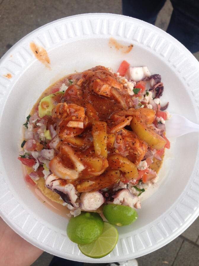 Close-up of the Poseidon tostada at Mariscos Jalisco in Boyle Heights