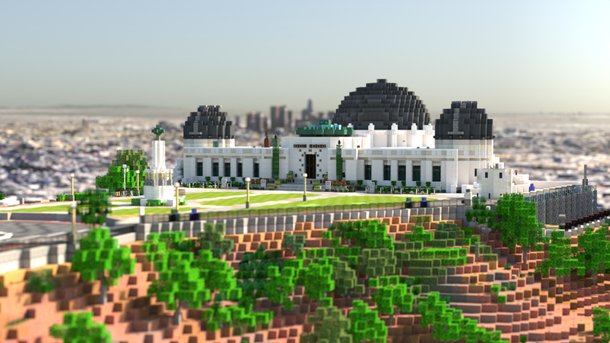 A pixelated white building with black half dome tops.