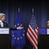 GENEVA, SWITZERLAND - APRIL 17:  US Secretary of State John Kerry and EU Foreign Policy Chief Catherine Ashton speak during a press conference at the Intercontinental hotel on April 17, 2014 in Geneva, Switzerland. Leaders from EU, US, Ukraine and Russia are meeting today in Geneva to deescalate the crisis in Ukraine and to find a political solution.  (Photo by Harold Cunningham/Getty Images)