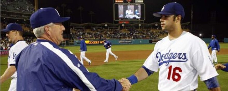 Grady Little congratulates Andre Ethier