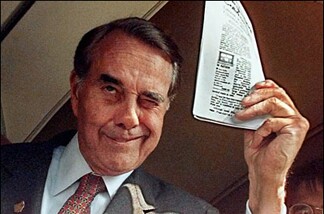 Who says Palin can lay claim to the political wink! Bob Dole let his eyelid drop 12 years ago at a campaign stop in Ohio--on this very day, October 11th! The article he's holding talks about how he will gain ground in California in the final weeks of the campaign.