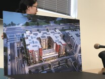 A rendering of a proposed 95-unit graduate student housing complex to be built on the USC Health Sciences Campus in East L.A. Some residents in surrounding neighborhoods are concerned that USC's plans to build out the campus will further fuel gentrification.  