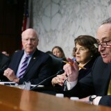 Sen. Charles Schumer (D-NY)(R), speaks while flanked by Sen. Dianne Feinstein (D-CA)(2nd-R), Chairman Patrick Leahy (D-VT)(2nd-L) and Sen. Chuck Grassley (R-IA)(L) during a Senate Judiciary Committee hearing on April 22, 2013 in Washington, DC.The committee is hearing testimony on border security, economic opportunities and the Immigration Modernization Act.  