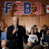 IOWA CITY, IOWA - JANUARY 27: Democratic presidential candidate former Vice President Joe Biden speaks during a campaign town hall event at the Iowa Memorial Union Ballroom at the University of Iowa January 27, 2020 in Iowa City, Iowa. In a what appears to be a neck-and-neck race, Biden is ahead of rival candidate Sen. Bernie Sanders (I-VT) by 6 points in a USA Today/Suffolk University poll but is running behind Sanders by 8 points according to a New York Times/Siena College poll, both polls of likely Iowa caucus-goers conducted at about the same time. (Photo by Chip Somodevilla/Getty Images)