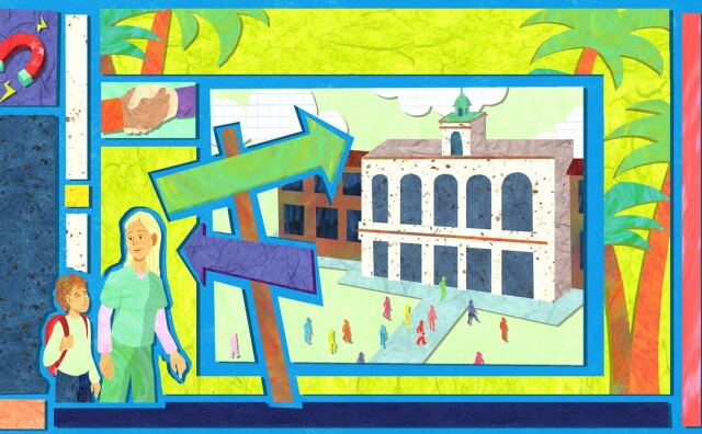 A bright illustration of a school, a parent walking with their child, a two-story tan building with arched windows, a magnet, a clipboard held by two hands and other school imagery.