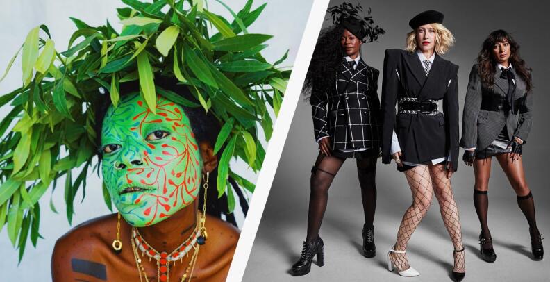 Side-by-side images: (Left) - a woman poses with her face painted in green and wears an artistic hat made of leaves. (Right) - three women dressed similarly pose together.