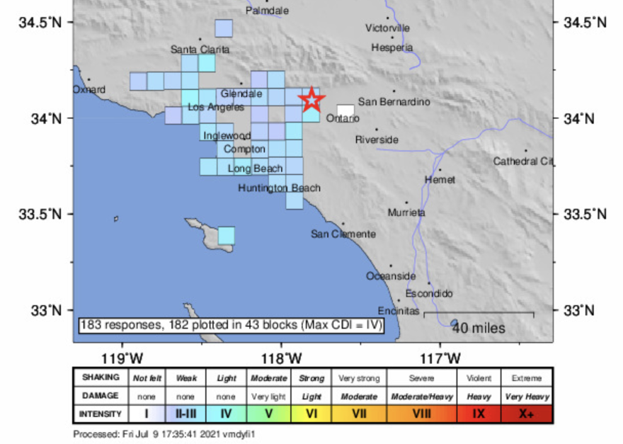 A grayscale overview map of Southern California has a grud of light blue and lavender squares indicating where people felt shaking, largely concentrated around Long Beach.