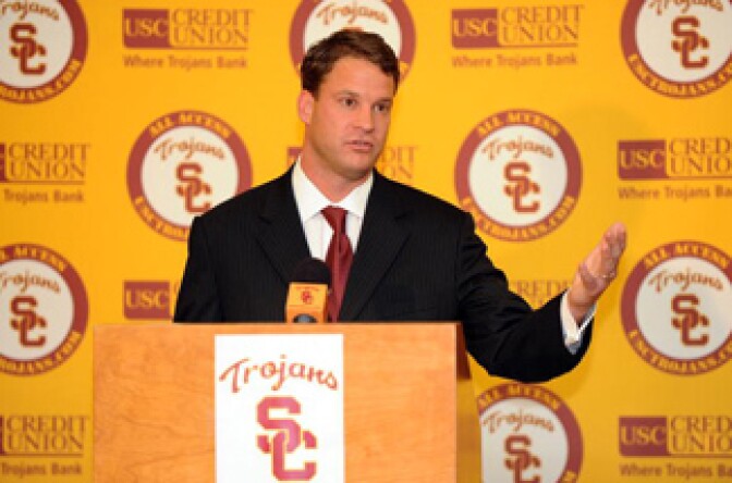 New head coach of the USC Trojans Lane Kiffin is introduced during a press conference at Heritage Hall January 13, 2010 in Los Angeles, California. 