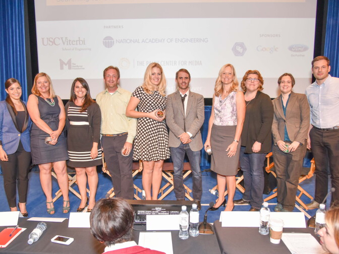 The USC Viterbi School of Engineering, the National Academy of Engineering, and The Paley Center for Media co-presented “The Next MacGyver” competition live pitch event on Tuesday, July 28 at The Paley Center for Media in Beverly Hills. (C) The Paley Center for Media. From L-R: America Ferrera, Shanee Edwards, Gabrielle Neimand, Craig Motlong, Jayde Lovell, Roberto Orci, Beth Keser, Tracy Mercer, Miranda Sajdak, and Clayton Krueger. 