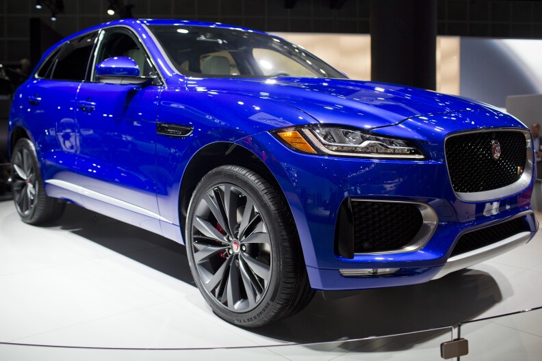 Jaguar's F-PACE crossover is on display during the Los Angeles Auto Show on Wednesday, Nov. 18, 2015 at the Los Angeles Convention Center.
