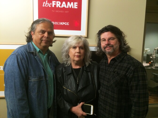 Frame senior producer Oscar Garza (L) with "Outlander" creator Ronald D. Moore and his wife Terry Dresbach, costume designer for "Outlander."