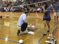 A robot catches fire during the 31st annual Tridroid Cup in a soccer match between robots at Caltech.